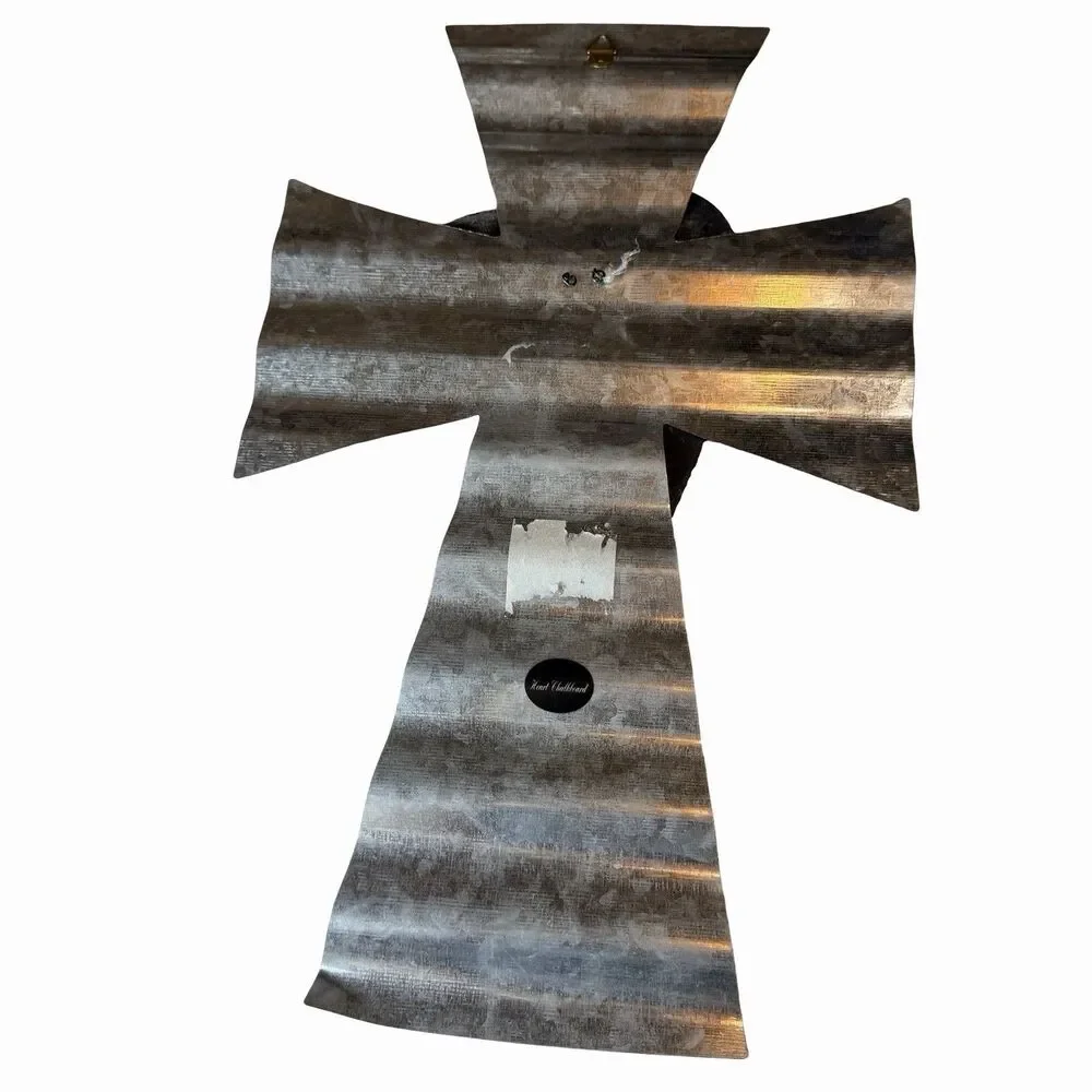 Silver Rustic Corrugated Farmhouse Cross With Slate Chalkboard Rock Heart Wall